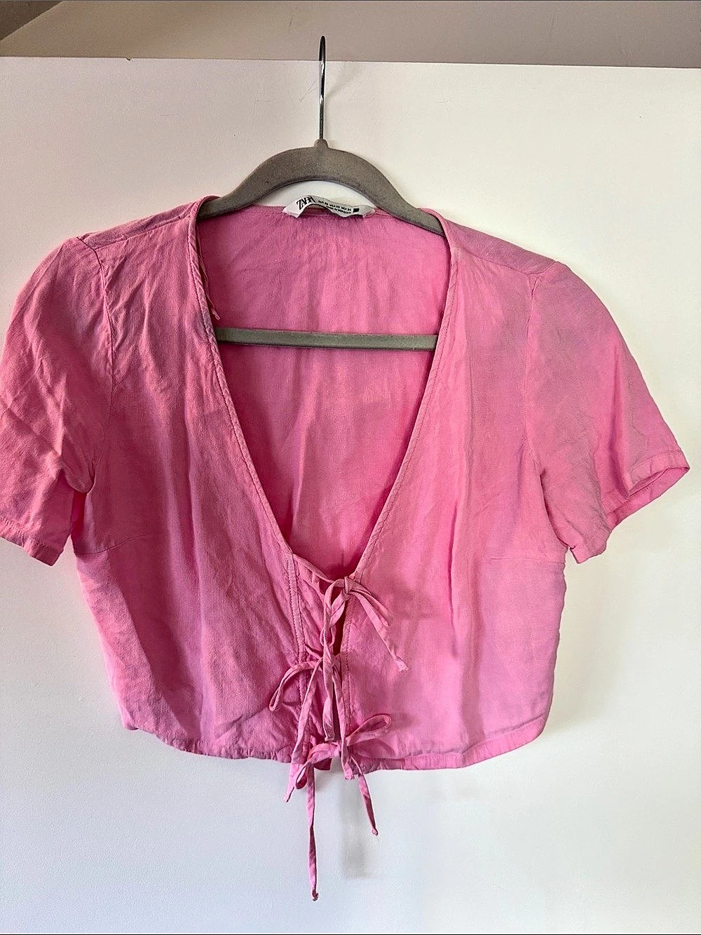 ZARA Pink Tie-Front Crop Blouse Size XS